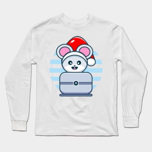 Cute Mouse Rats Character with santa hat Playing Personal Computer Long Sleeve T-Shirt